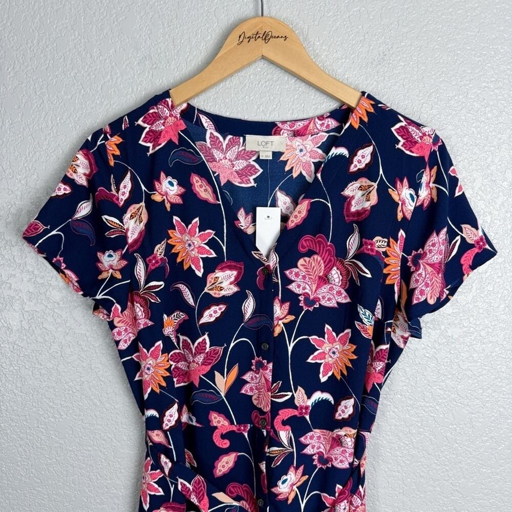 Loft NWT Floral Tie Waist Dress Navy Blue & Pink 10 Spring Romantic Button Front - Picture 4 of 13